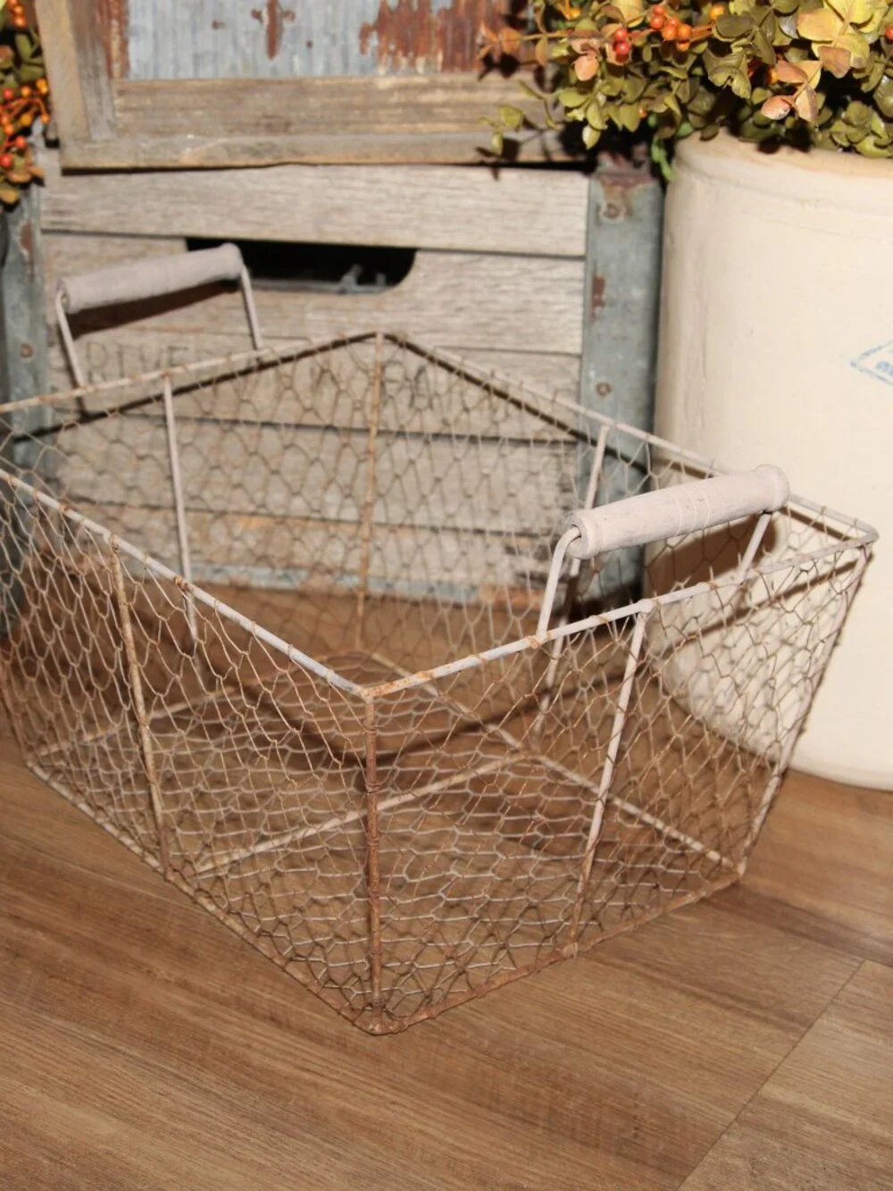 Large Grungy Rustic Weathered Aged Farmhouse Chicken Wire Basket